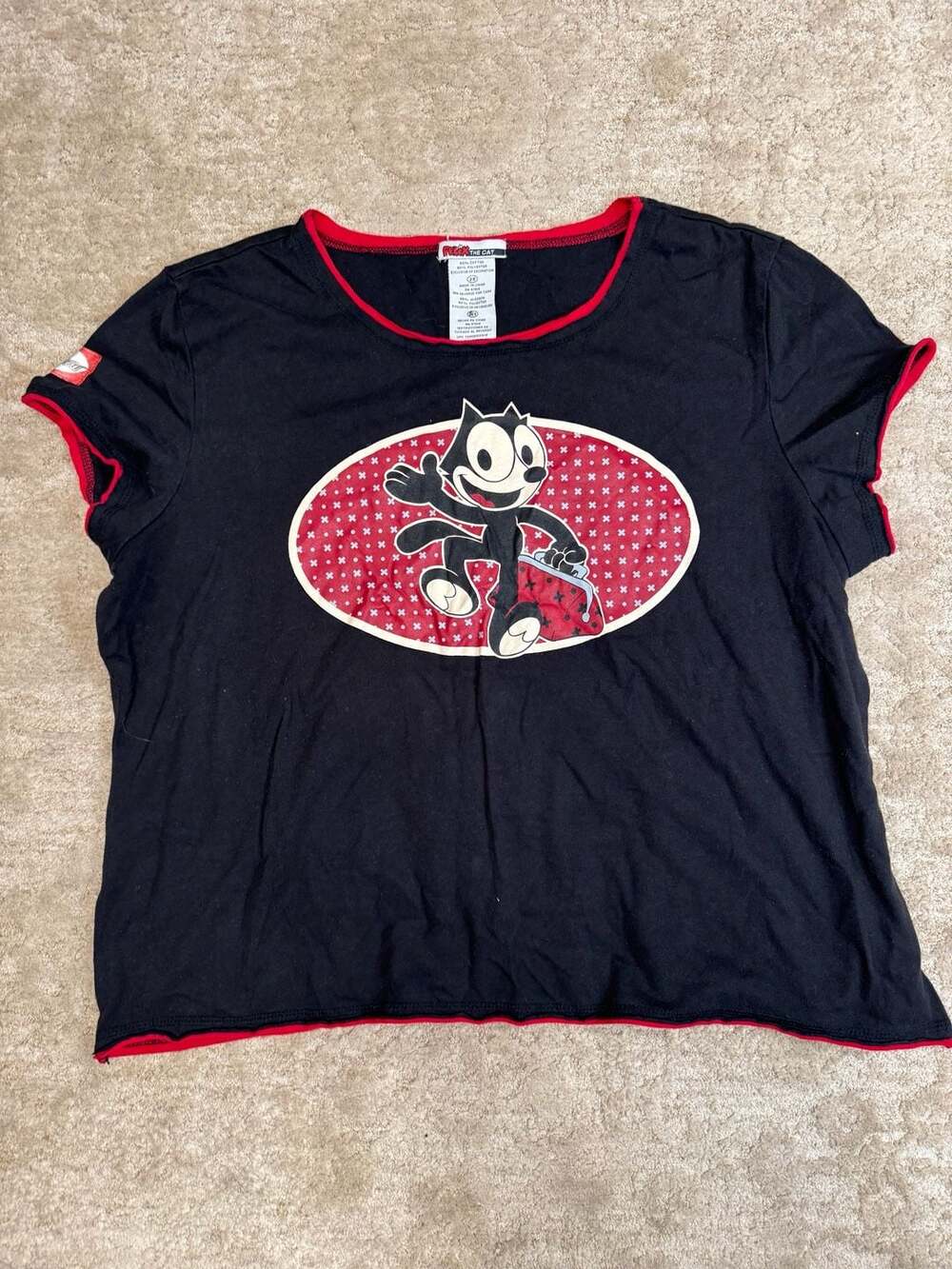 Vintage Felix The Cat Graphic T-Shirt Black Red Contrast Trim Size 2X